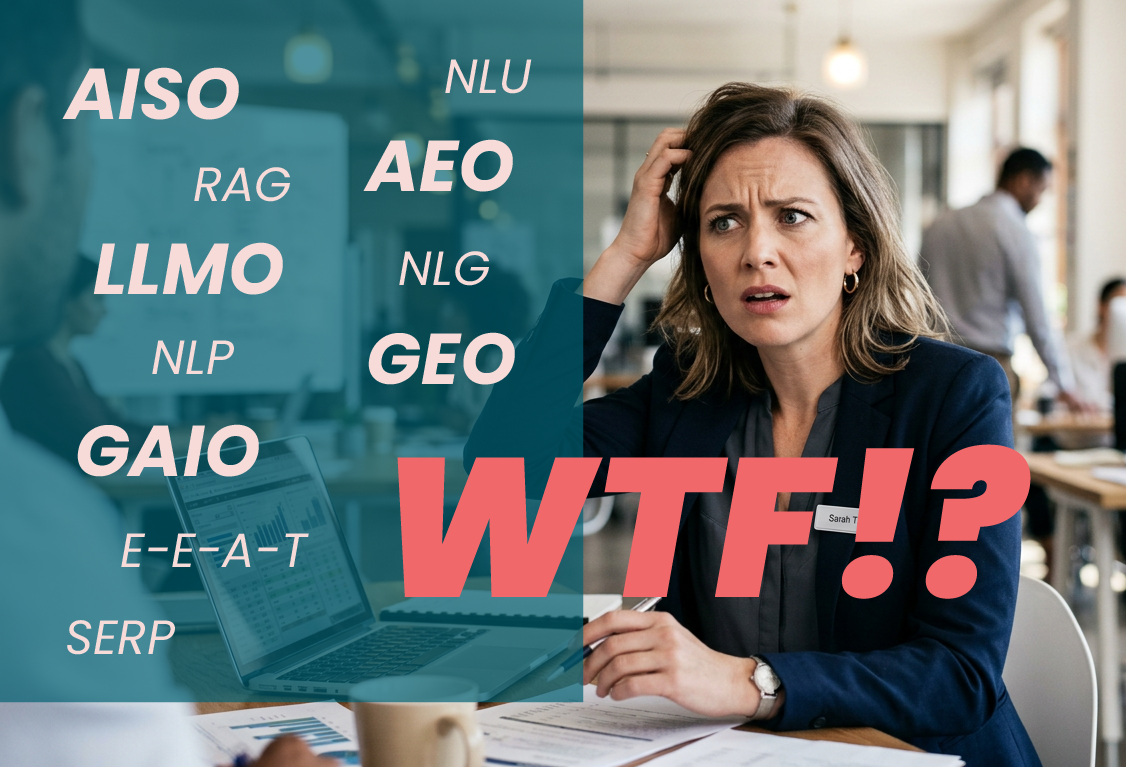 Foto de mujer agobiada por todos los terminos nuevos relacionados con el SEO para la IA