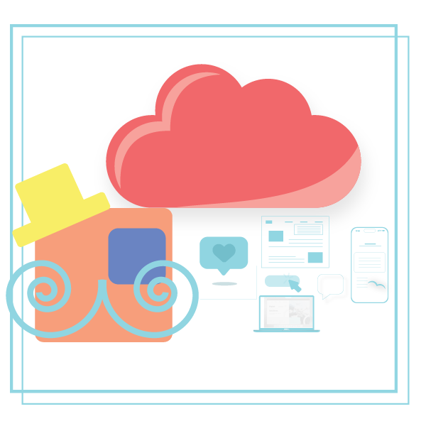 Imagen de pantallas en diversos dispositivos, imago de la marca y nube , representa servicios web de Head in the Clouds